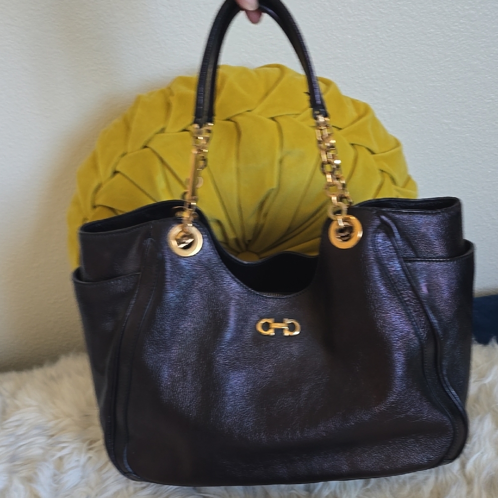 Chic Black Leather Shoulder Bag with Gold Accents